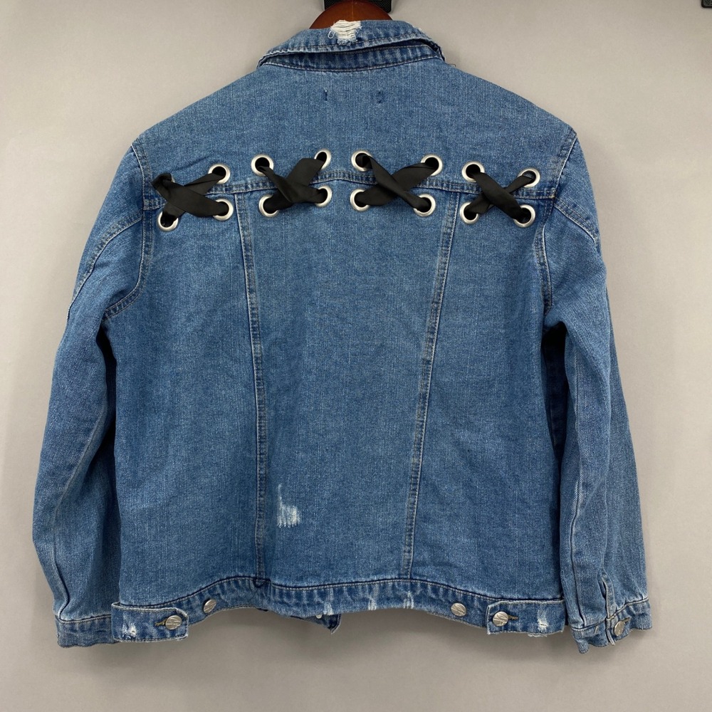 Crave Fame Denim Jacket Womens XL Distressed Lace Up Back Medium Wash MCJ275-HD